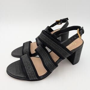 Franco Sarto Buco Heeled Sandals Open Toe Women's Black Raffia Size US8.5M EU39